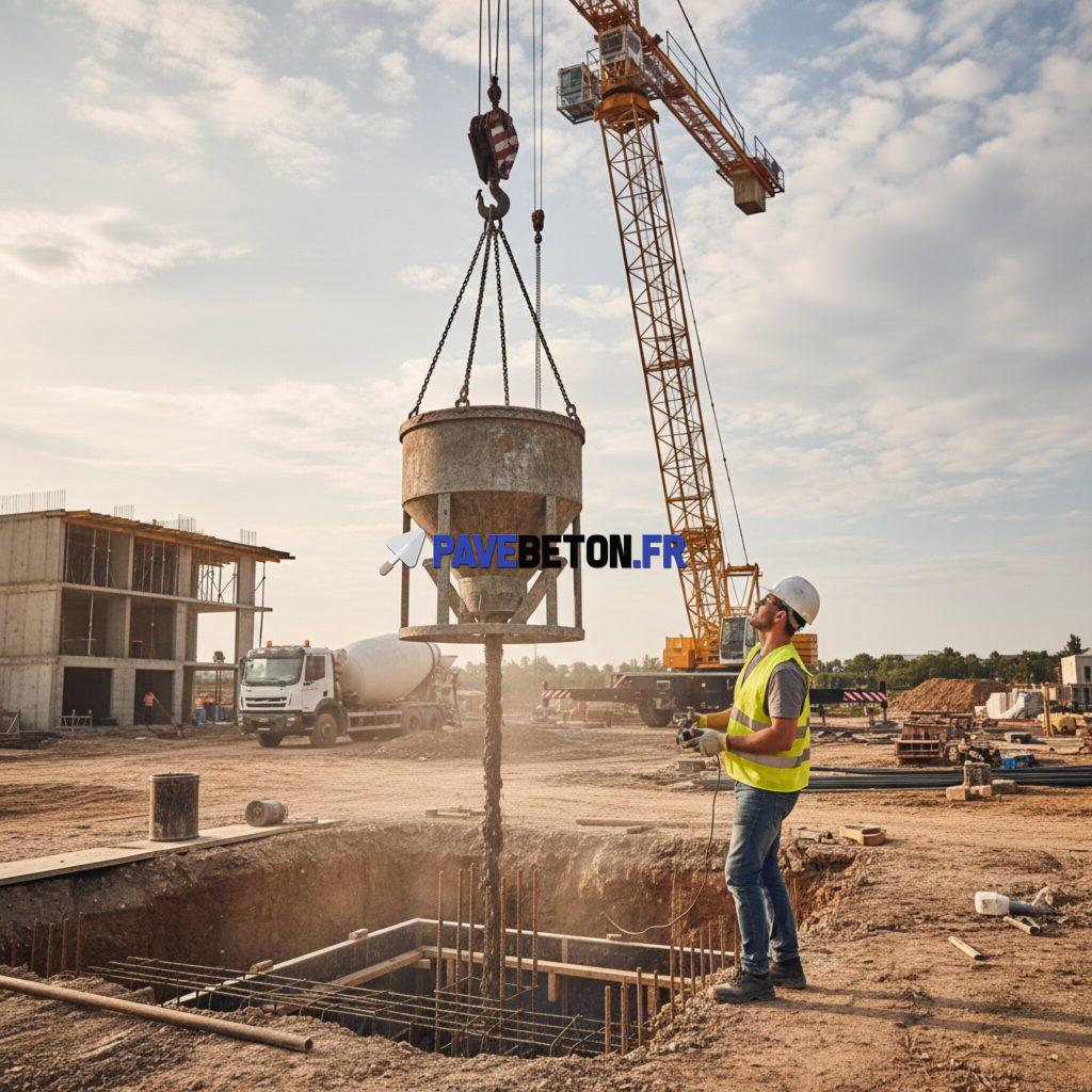 Comment décharger du béton avec une grue et une benne?